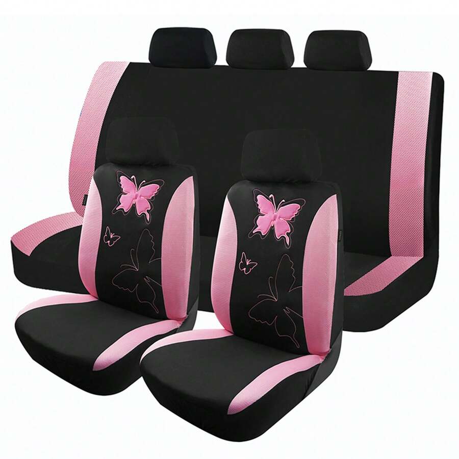 5 Seat Cloth Butterfly Car Seat Covers Full Set Fashion Universal Lady Woman Female Rear Solid Bench Cover - 粉色 - 查看 1