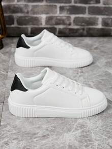 Couples Shoes Size 36-45, Women's Fashion Sneakers, Men's Casual Shoes, PU Leather Casual Lace-Up Flat Shoes For Women, Men's Skateboard Shoes, Black & White Contrast Color Men's Tennis Low-Top Shoes, Lightweight Soft-Sole Walking Shoes, Fitness Training Flat Shoes