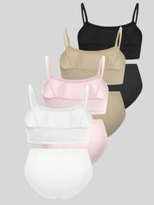 4pcs/Set Girls' Minimalist Fashion Camisole Bralette And Seamless Comfortable Bikini Panty Set - Multicolor - View 4