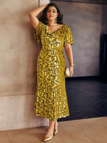 Sollinarry 大码女式秋冬新款闪亮天鹅绒烂花蝴蝶袖荷叶边领长款优雅连衣裙、生日礼服、婚礼宾客礼服，适合圣诞节、新年 - 薑黃色 - 查看 1