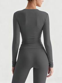 XLLAIS 女士秋冬时尚拉链领纯色紧身T恤，弹力休闲长袖运动上衣 - 深灰色 - 查看 6