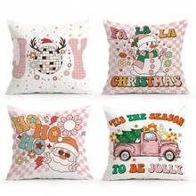 4 Stücke Cartoon Weihnachten Schachbrettmuster bedruckter Kissenbezug Set