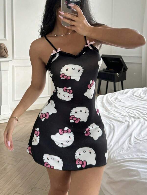 Sanrio 1pc Hello Kitty Women Sexy Bow V-Neck Contrast Lace Nightgown