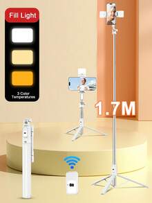 Bezprzewodowy statyw do selfie Bluetooth o długości 1,7 m/1,3 m z 3-kolorowym światłem wypełniającym LED, obrotowy uchwyt na telefon ze stali nierdzewnej o 360°, lekki i kompaktowy, kompatybilny z 'ami 17/16/15/14/13/12/11/Max/Pro/Xs/Xr/X/Plus, Galaxy S25/S24/S23/S22 Ultra i smartfonami z systemem Android, odpowiedni do podróży/selfie - Wielokolorowe - Zobacz 3