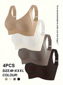 4pcs Women'S Seamless Push-Up Bras with Removable Pads, Medium Support & V-Neck Design - No Underwire Full Coverage Back, Lightweight Breathable Lining for Gym, Yoga, Workouts & Daily Wear - Solid Colors (Black, Beige, White, Light Brown), Gym Workout Clothes, Versatile Fashion Accessory, Ergonomic Cup Design