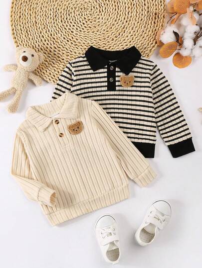 مجموعة من قطعتين قميص بولو كاجوال مزين بدب محبوب ذو ياقة مضلعة من القطيفة، مناسب للارتداء في الخارج، موضة موسمية، تصميم حافة فرو ناعم، خياطة متينة، قابل للغسل في الغسالة، للجنسين، هدية للوالدين، ملابس عيد، خيار مثالي للخارج