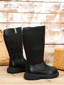 1 Pair Black Soft Faux Leather Mid-Calf Boots For Teenagers & Big Kids, Round Toe, Zipper Design, Casual, Daily, Travel, School, Holiday Wear, Autumn/Winter - Black - View 4