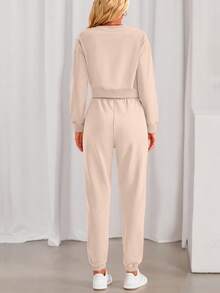 Women Fall 2 Piece Outfits Casual Long Sleeve Crop Top Drawstring Pant Jogger Suit Jumper Sportswear Sweatsuits Tracksuit Matching Set - Beige - View 3