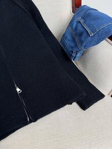 Cárdigan suelto de punto coreano Wixra, cuello alto, manga raglán, diseño de cremallera de doble vía, unicolor, estilo universitario, esencial para capas en otoño/invierno - Negro - Ver 7