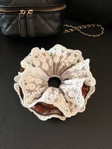 1pc Elegant Lace Multilayer Hollow Floral Hair Scrunchie, Delicate Design, Versatile For Daily Use ,Hair Ties ,Scrunchy Hair Ties Ponytail Head Accessories Elastic Band - Coffee Brown - View 2