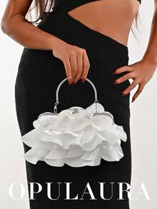 Bolso de mano elegante y encantador con diseño de pétalos de OpulAura para mujer, bolso con volantes adecuado para vestido de noche, apto para boda/vacaciones/fiesta formal/baile de graduación, incluye cadena - Blanco - Ver 8