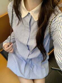 Korean Style Casual Blue Plaid Collared Long Sleeve Shirt + High Waist Ruffle Hem Skirt 2-Piece Set
