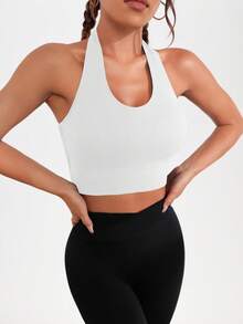 SHEIN Sports Sujetador deportivo con cuello de halter y espalda cruzada sin respaldo - Blanco - Ver 3