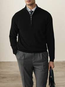 Men's Slim Fit Half Zip Ribbed Knit Sweater , Autumn/Winter, Long Sleeve Top - Black - View 7