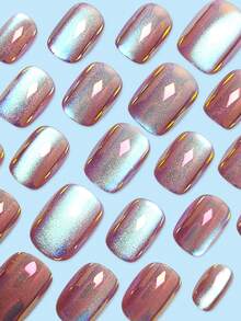 10 件短方形按压式猫眼 Y2K 粉色女孩设计指甲贴，适合派对、舞会、重要场合或日常佩戴 - 西瓜粉 - 查看 3