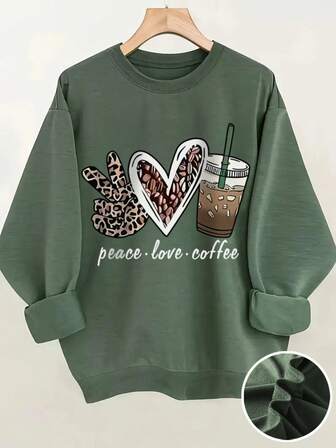 Dam höst- och vintertröja med leopardprint och kaffemönster, långärmad tröja med rund hals, lediga, lösa och mångsidiga toppar i semesterstil, moderiktiga höstkläder för kvinnor, lämpliga för vardagsbruk