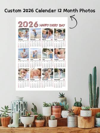 1 pieza Calendario personalizado de fotos 2026, Calendario de Año Nuevo, Calendario de bendiciones personalizado, Impresiones personalizadas con tus fotos para familia/mascota/amantes, Ornamental y exquisito, Para sala de estar, dormitorio, oficina, salón de té, hogar