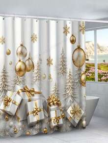1/4 Pcs Christmas Gray & White Background Gold Foil Print Shower Curtain, Waterproof Polyester Fabric, Walk-In Shower Curtain With 12 Hooks, Bathroom Non-Slip Mat, Toilet Seat Cover And U-Shaped Pad, New Year Bathroom Decor Set