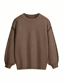 EAVA Autumn/Winter Solid-Color Soft Oversized Drop-Shoulder Crewneck Pullover With Hand-Stitched Hem,Valentine's Day,Valentine Outfits For Women,Valentine Clothes - Coffee Brown - View 2
