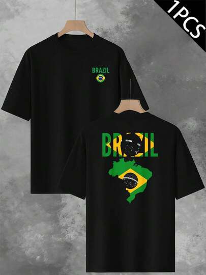 Brazil Flag Graphic T-Shirt, Men's Double-Sided Print T-Shirt, Fashion Casual Crew Neck, 220gsm Cotton (1 Piece)
