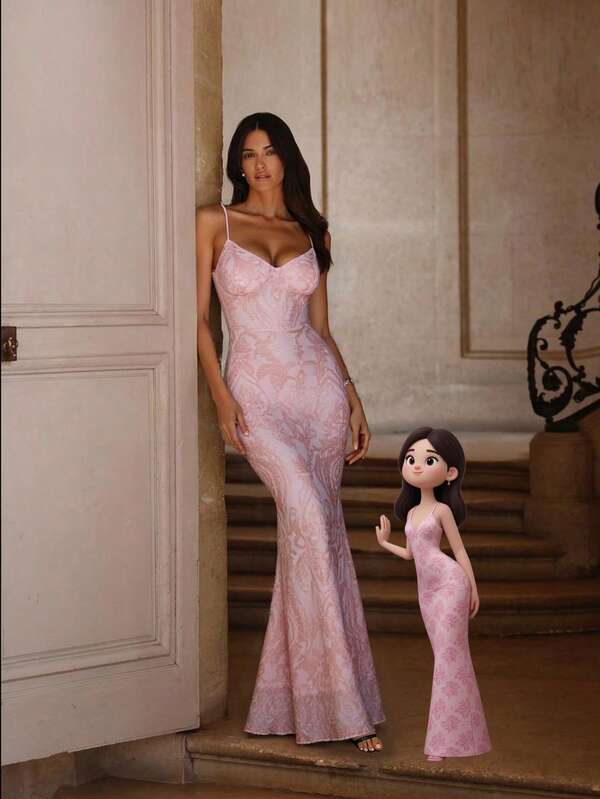 Pink Sequin Suspender V-Neck High Waisted Backless Strap High Slit Cocktail Party Evening Dress, For Graduation, Dinner