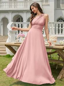 Volly Toych 婴儿粉色A字单肩镂空褶皱雪纺优雅长款正式伴娘礼服，婚礼宾客 - 淺粉色 - 查看 6