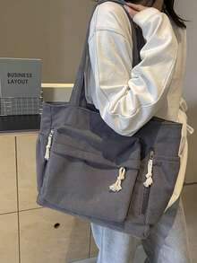 Corduroy Solid Color Tote Bag, Large Capacity, New Design Shoulder Bag Large Tote Bag Shopping Bag Canvas Tote Bag Travel Bags Laptop Bag - Multicolor - View 3