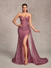 优雅宴会礼服，正式婚礼宾客晚礼服，女士正式场合派对/舞会、毕业典礼礼服 - 淺灰紫 - 查看 4