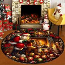 1pc Santa Claus & Reindeer Fireplace Candle Pattern Holiday Christmas Round Decorative Carpet, Soft & Comfortable Rug, Home Decor Carpet, Bedroom Decor, Small Rug, Creative & Fashionable Carpet, Living Room Carpet, Small Living Room Rug, Bedroom Rug, Outdoor Rug, Washable Carpet, Christmas & New Year Holiday Atmosphere Decor Kitchen Rug