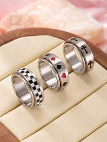 3 Peças Anéis Giratórios de Alívio de Estresse Personalizados de Aço Inoxidável da Moda Hip Hop, Cruz, Baralho, Padrão Xadrez, Acessórios Unissex Adequados para Uso Diário, Festivais, Encontros, Presentes