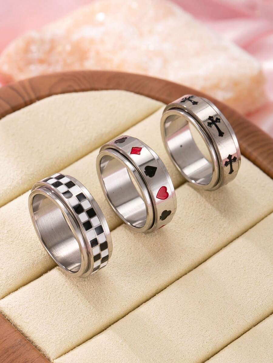 3 Peças Anéis Giratórios de Alívio de Estresse Personalizados de Aço Inoxidável da Moda Hip Hop, Cruz, Baralho, Padrão Xadrez, Acessórios Unissex Adequados para Uso Diário, Festivais, Encontros, Presentes