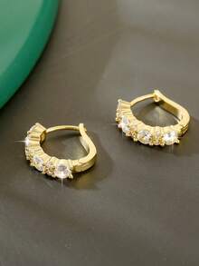 1 Pair Fashionable Copper Cubic Zirconia Geometric Round Hoop Earrings, Luxury Elegant Gift For Women