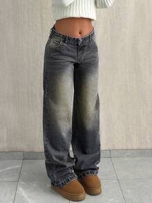 女式休闲浅色水洗牛仔阔腿牛仔裤，带纽扣和口袋细节，高腰，无弹力直筒裤，适合日常穿着 - 黑色 - 查看 3