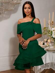 AOMEI 优雅祖母绿露肩中长连衣裙，层叠薄纱美人鱼裙摆 - 适合鸡尾酒会、婚礼宾客、约会、伴娘、毕业典礼、返校节和新年派对 | 时尚服饰系列中的别致晚礼服 - 墨綠色 - 查看 6