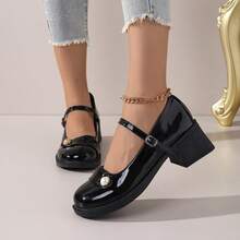 Fashionable C-Position French Retro Campus Sweet Pearl Buckle Mary Jane Shoes For Women, Thick Heel One-Strap, High-Quality Glossy Leather, Simple & Exquisite Design, Suitable For Daily Wear, Dating, Commuting, Campus Matching Sweaters, Pleated Skirts, Versatile For Valentine's Day, Christmas, Halloween