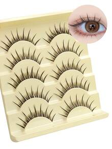 Rikuaild 5 Pairs Natural Curly & Thick Lightweight Anime Style False Eyelashes, Soft Criss-Cross Black & Transparent Band, Pointed Cartoon Design Lashes - Suitable For Daily Use, European & American Style, Portable & Easy To Apply Makeup Tool - 尖尾漫畫款 - 查看 1