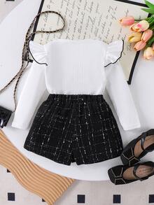 2pcs Young Girls Stylish Cap Sleeve Bow Heart Ribbed Top And Pants Set, Spring/Autumn - White - View 3