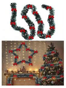 7pcs/1pc Christmas Tinsel Garland, Dark Green Frost Tip Metallic Garland With 6/12pcs Red Bows, Artificial Xmas Garland For Home Indoor Outdoor Christmas Tree Decoration, Holiday Wedding Party Supplies