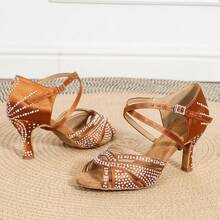 Women's Bronze Satin Latin Dance Shoes, Ballroom Dance, Tango And Salsa Shoes, Indoor Party Sandals, Soft-Soled Rhinestone Wedding Shoes, 7.5cm Heels - Bronze - View 5