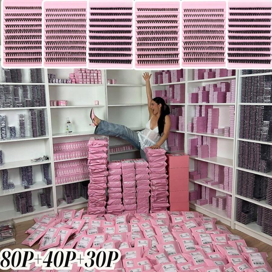 1200PCS Clusters Eyelashes Thick & Fluffy Wispy Lashes 0.07mm D Curling False Eyelashes 30D40D80D/8-16mm Mixed Length Faux Mink Individual Eyelashes Natural Soft Eyelash Extension Cosmetics Suitable For Any Style, Perfect For Daily Makeup, Parties, Travel, Wedding, Christmas, Valentine's, Halloween & Thanksgiving, Festive Glam Beauty - Hồng - Xem 1