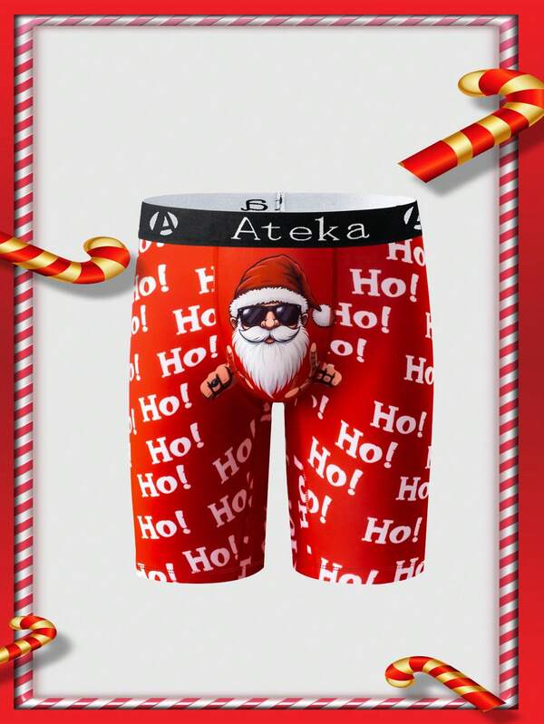 1 pièce Boxer pour hommes avec imprimé graphique du Père Noël - Imprimé de dessin animé thème Noël, Taille élastique jacquard, Confortable pour un port quotidien, Imprimé original, Tissu tricoté de qualité, Décontracté et confortable