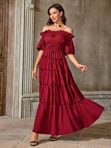 中世纪公主风格露肩泡泡袖层叠荷叶边连衣裙 - 酒紅色 - 查看 6