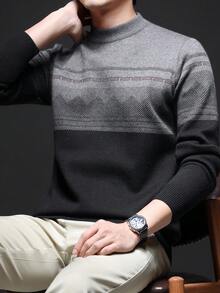 Jersey de cuello redondo grueso para hombre, suéter de punto jacquard de estilo casual de negocios de manga larga, adecuado para usar en capas o como prenda exterior, con estampado de cuadros y rayas, para otoño/invierno