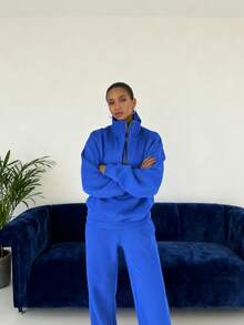 New Women's Suit;Women's Two-Piece Set Sweatshirt Fleece Sports Street Casual Fashion Outfit For Women - Màu xanh lam - Xem 5