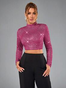 CHOSMO Áo corset đính hạt màu trơn bóng thanh lịch, thích hợp cho tiệc tùng, sinh nhật, kỷ niệm, tốt nghiệp, dạ hội, dạ hội nữ - Màu Hồng Tươi - Xem 4