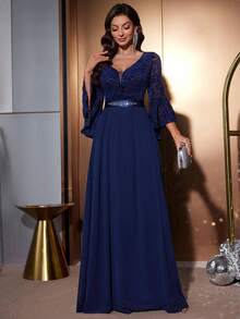 MIUSOL Tiefer V-Ausschnitt Blumen Spitze Kontrast Chiffon Glockenärmel mit Strass Taille Formelles Party Kleid, elegantes Abendkleid für Abschlussball, Hochzeitsgast, Graduierung, Dinner - marineblau - Übersicht 5