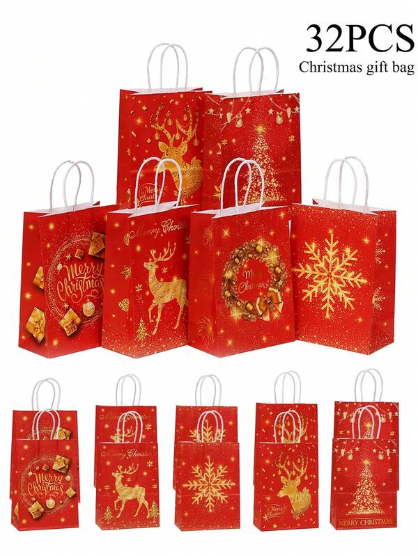 32pcs Red Holiday Christmas Gift Bags - Kraft Paper Bags With Handles, Gold Snowflake And Reindeer Pattern, Suitable For Holiday Gifts, Party Favors And Gift Wrapping, Christmas Gift Packaging Bags