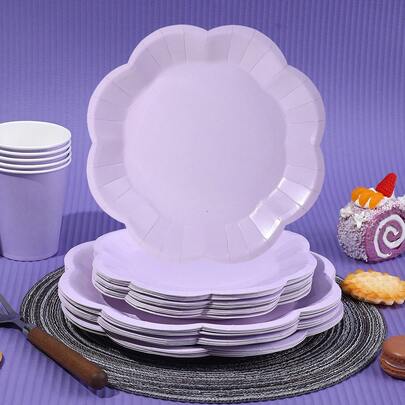 10 件/20 件/40 件/50 件/套，浅紫色花形扇贝甜点一次性纸盘、杯子和餐巾，花瓣紫色一次性 9' 7' 盘子纸巾杯适用于茶会、生日、新娘送礼会、婴儿送礼会、婚礼、野餐派对、活动、派对用品