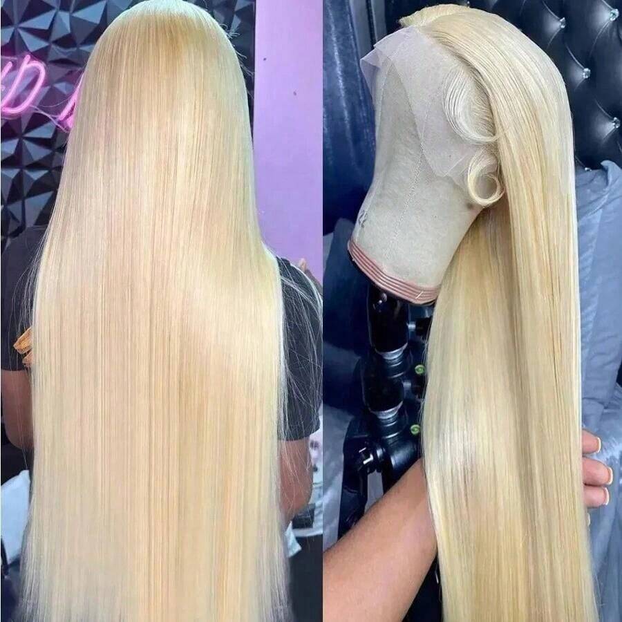 YGQWD Blonde 613 Bone Straight Human Hair Wig 13x4 Lace Frontal Wig 34 Inch 200% High Density Human Hair Blended Hair Wig With Natural Hairline And Bleach Node For Women Halloween Accessories - S613 - 查看 1