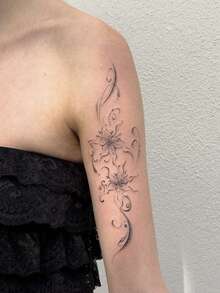1 pieza Tatuaje temporal impermeable, resistente al sudor y lavable, de material de PVC, diseño personalizado de alta gama, pegatina de tatuaje de pareja con estilo Ins, patrón de flor de lirio y ombligo, adecuado para uso diario, dura de 3 a 5 días - Negro - Ver 3